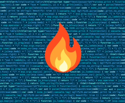 Web design tools graphic with code and a fire icon